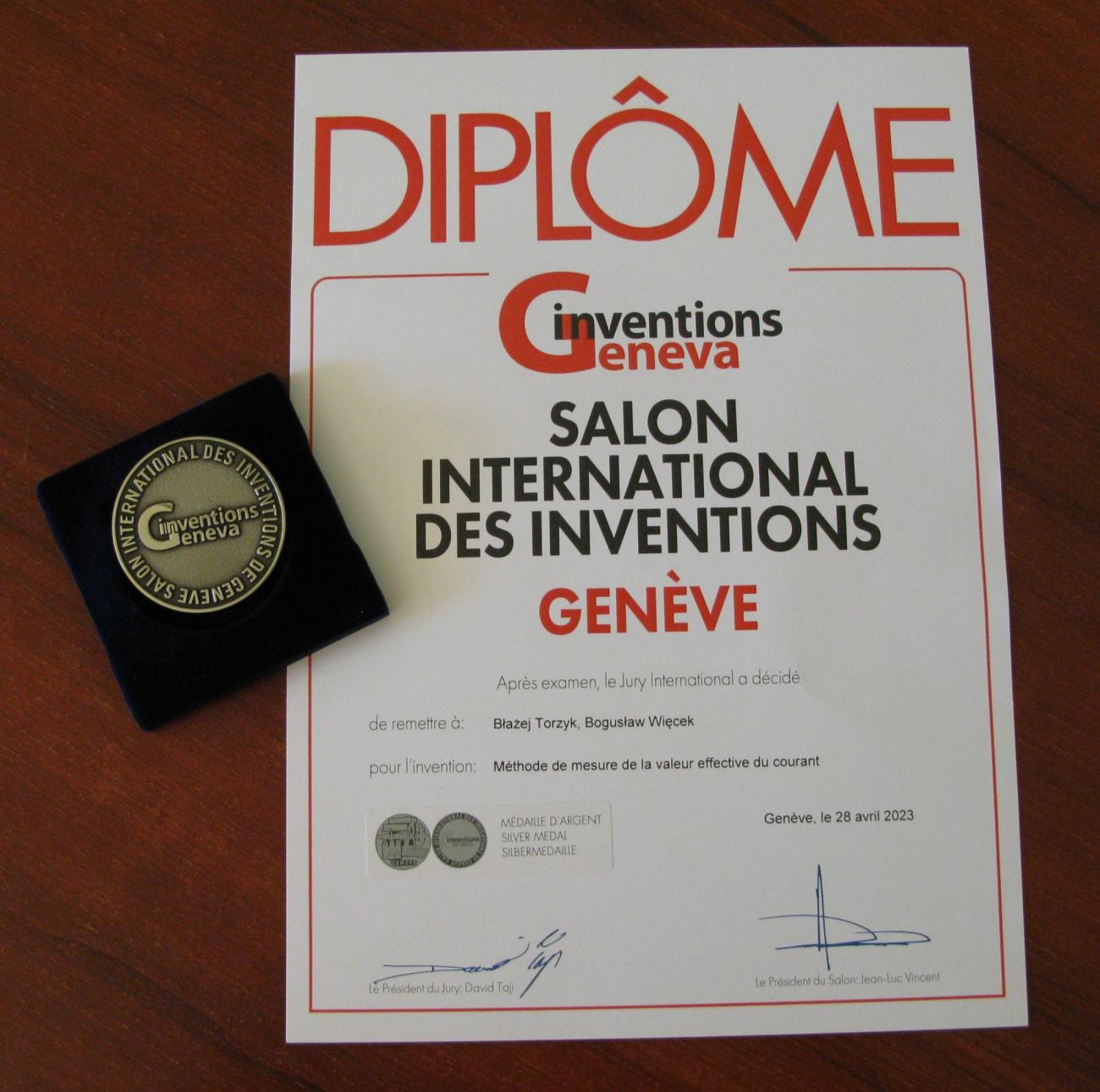 Geneva2023 Inventions Fair - diploma and silver medal for prof. B. Więcek and B. Torzyk