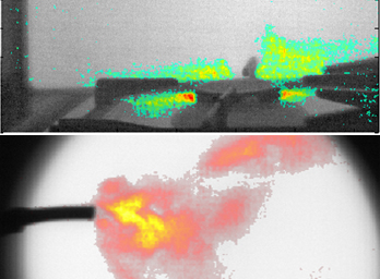 Example images of methane emission (in colour) at the greyscale background, acquired with bandpass filter