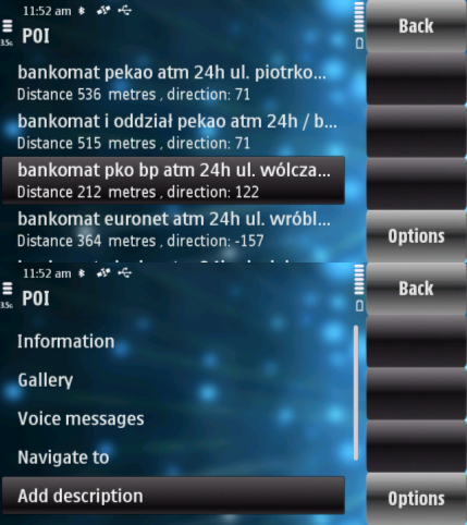 Screenshots from the application captured by Nokia C6-00. The list of the points of interest appears in a standard listbox and the POI Menu (bottom)